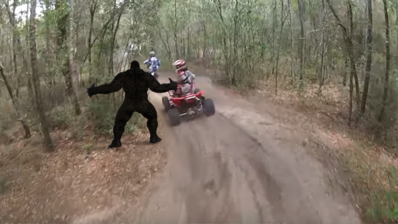 Big Foot Rider Bigfoot almost grabs ATV rider